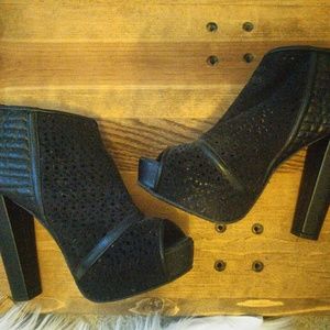 Black Faux Leather and Lace Peep-Toe Heel